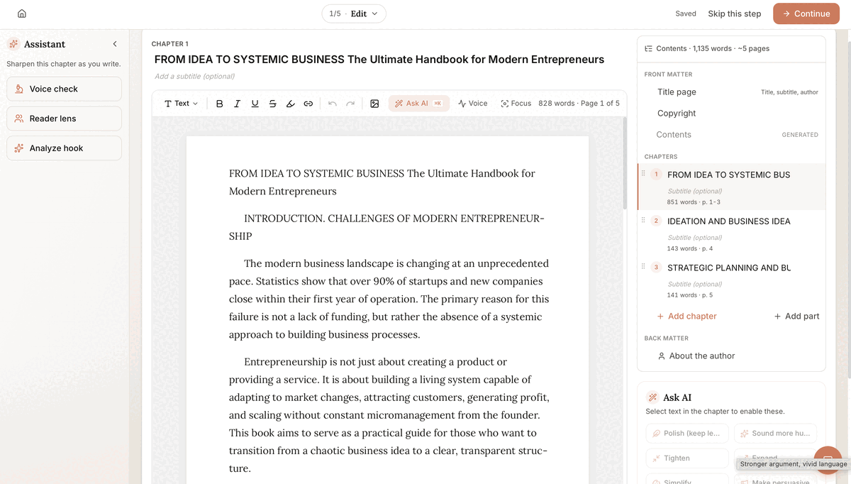 Built&Written's editor with chapters, front matter, and structure organized in the right-hand panel