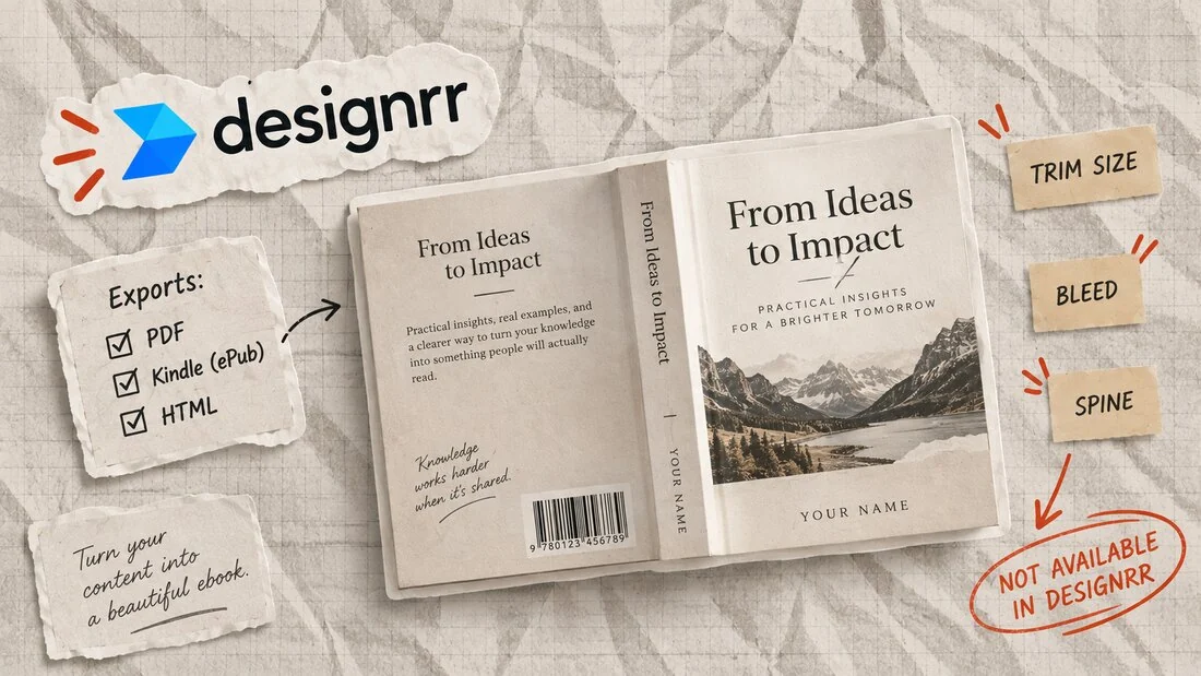 Designrr's export list of PDF, Kindle ePub, and HTML, with trim size, bleed, and spine marked as unavailable