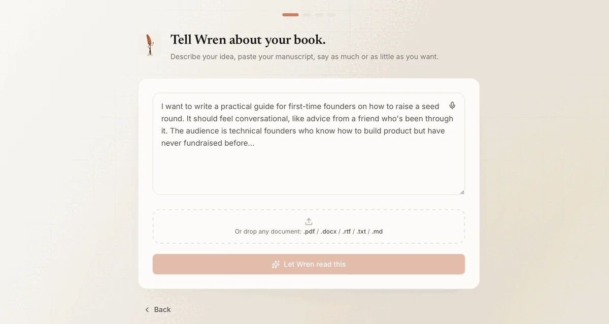 The Built&amp;Written prompt screen asking the author to describe the book or paste a manuscript
