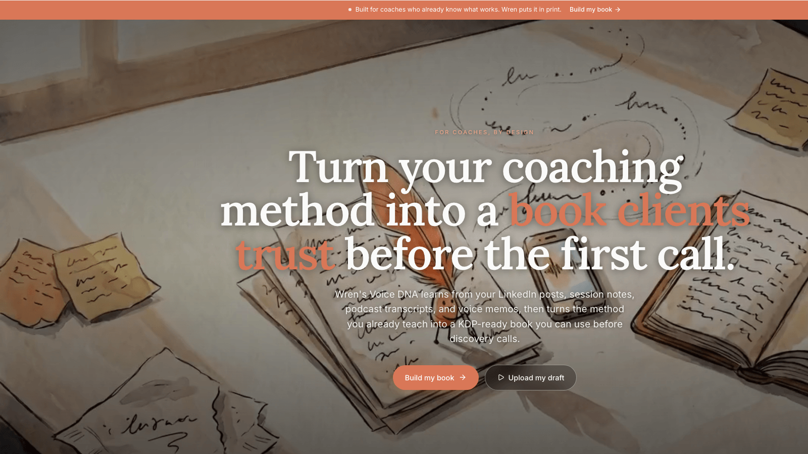 Built&Written coaches landing page reading Turn your coaching method into a book clients trust before the first call