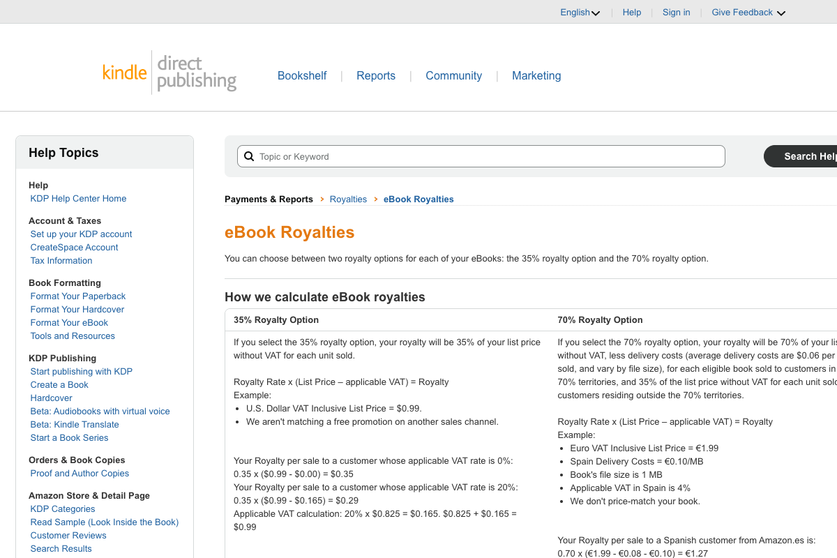 KDP eBook Royalties help page showing the 35 percent and 70 percent royalty tier options