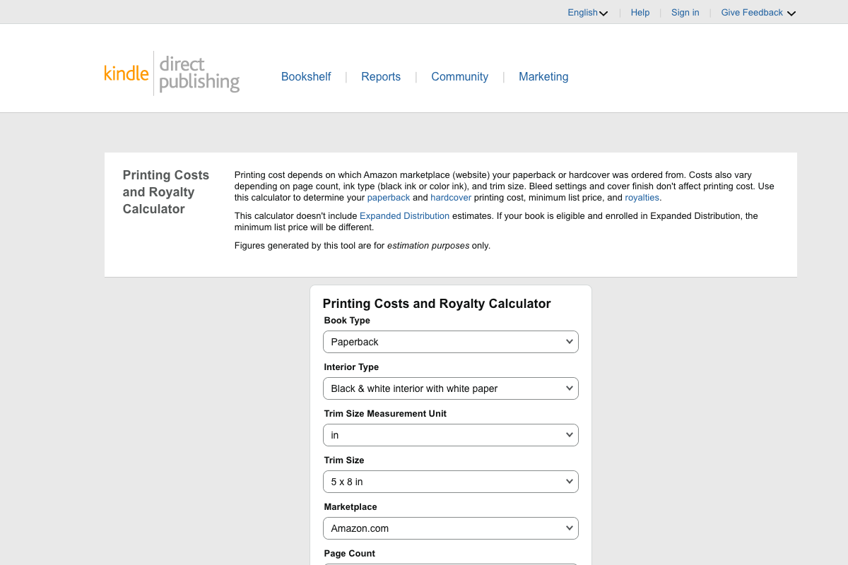 KDP Printing Costs and Royalty Calculator showing inputs for book type, page count, and list price