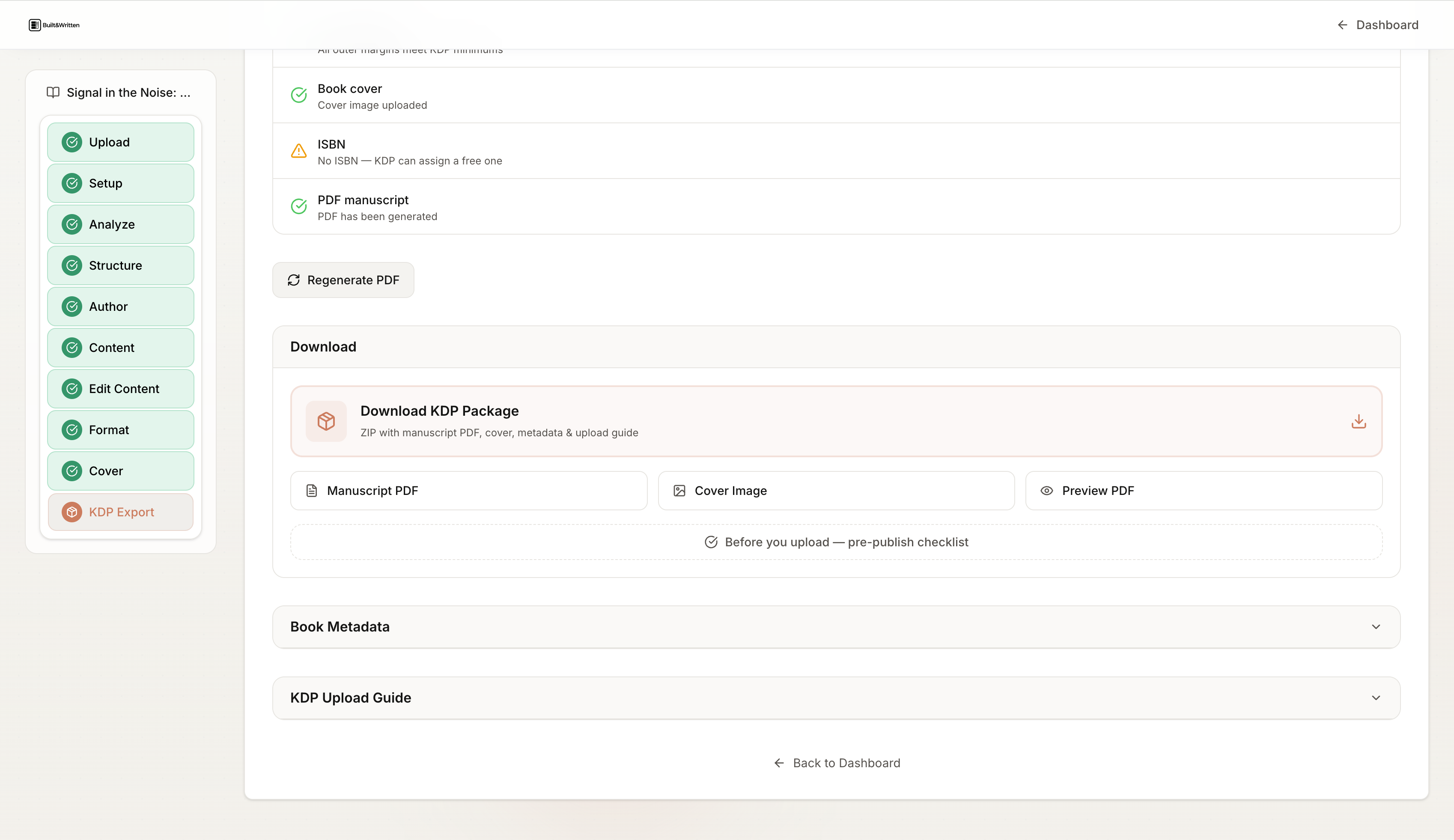 The Built&Written homepage showing the workflow that turns existing content into a print-ready, KDP-ready book