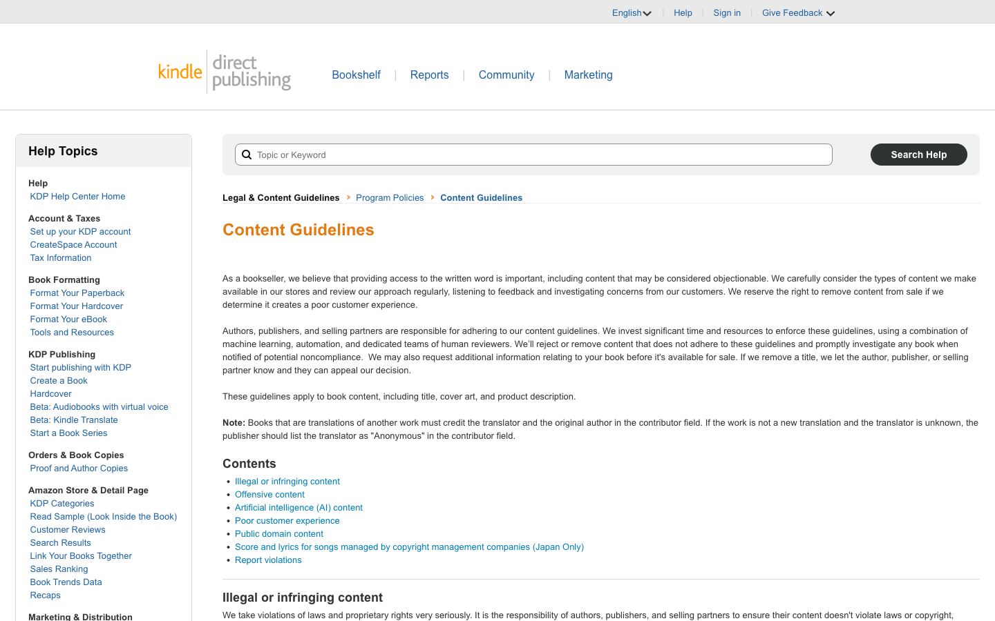 Amazon KDP Content Guidelines help page showing the definitions of AI-generated versus AI-assisted content and the disclosure requirement