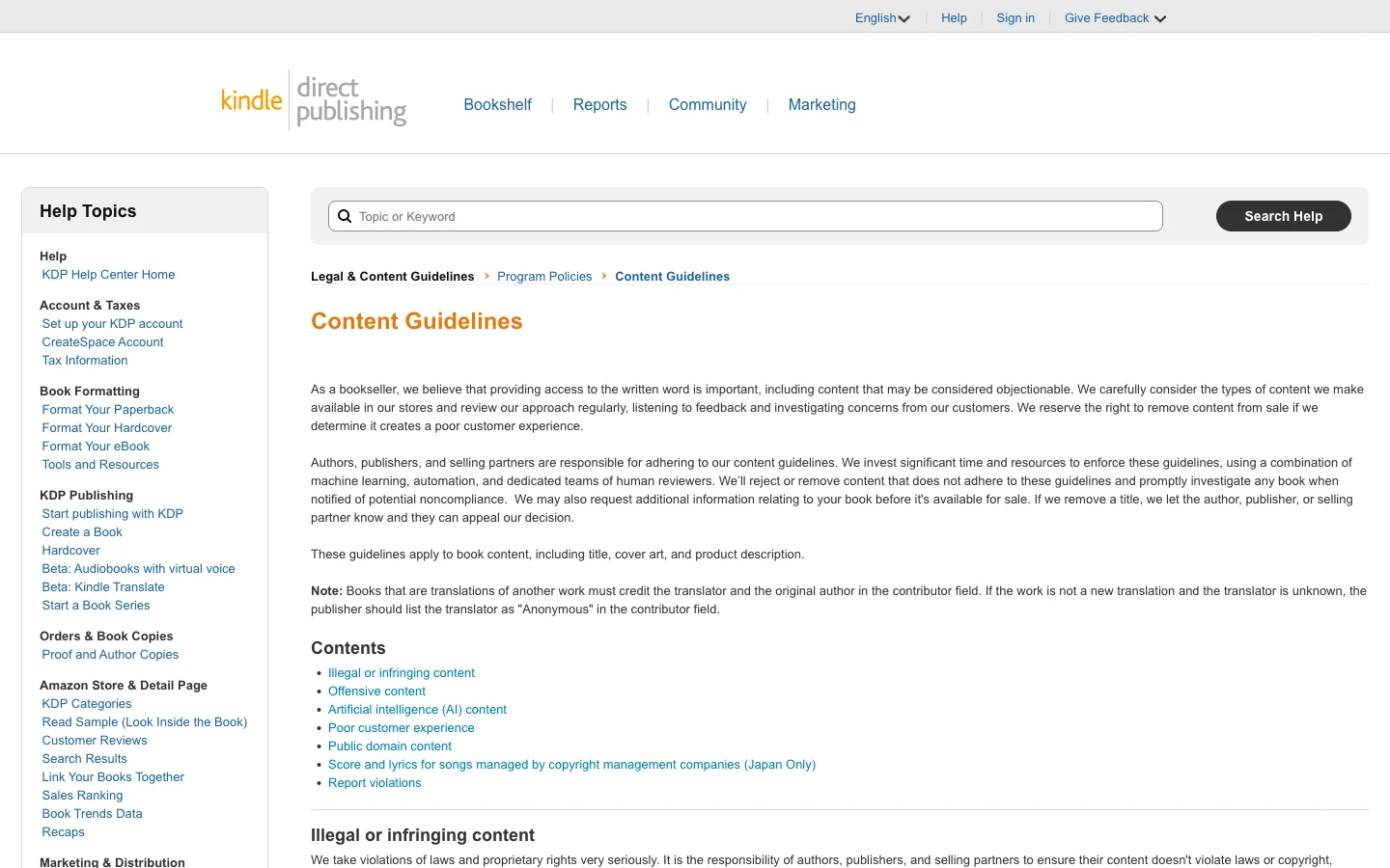 Hilfeseite mit den Inhaltsrichtlinien von Amazon KDP, die die Definitionen von KI-erzeugten und KI-unterstützten Inhalten und die Offenlegungspflicht zeigt