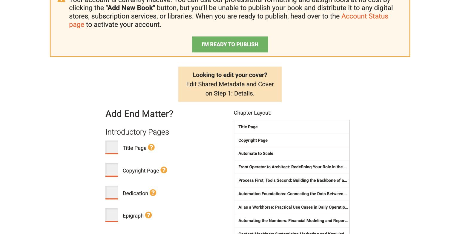 Draft2Digital layout step after a DOCX upload, with Add End Matter checkboxes for Title Page, Copyright Page, Dedication, and Epigraph beside the detected chapter list for Automate to Scale