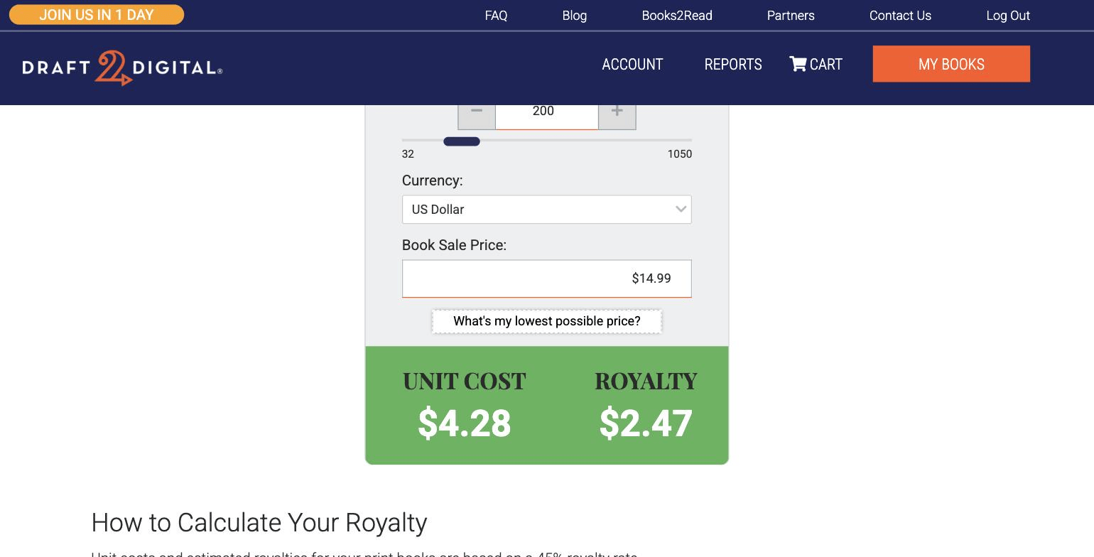 Draft2Digital print calculator set to 200 pages and a $14.99 book sale price in US dollars, showing a unit cost of $4.28 and a royalty of $2.47