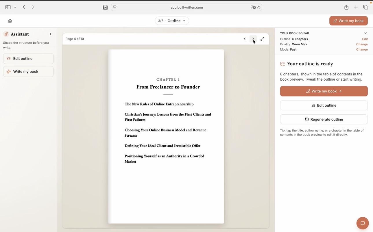 A six-chapter outline in Built&Written mapped from a founder's own notes, fully editable before drafting