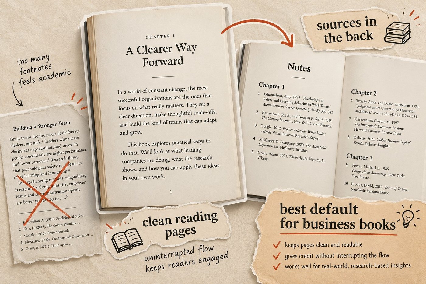 Illustration comparing a crossed-out page crowded with footnotes, labeled too many footnotes feels academic, to a clean chapter opening page and a back-of-book Notes section grouped by chapter, labeled sources in the back