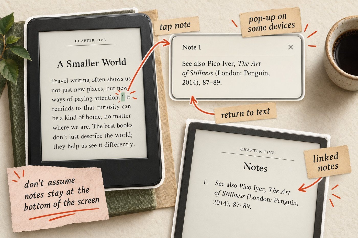 Illustration of two e-readers: tapping a note number in a chapter opens a pop-up note with a return-to-text arrow, beside the chapter's linked Notes page and a label saying don't assume notes stay at the bottom of the screen