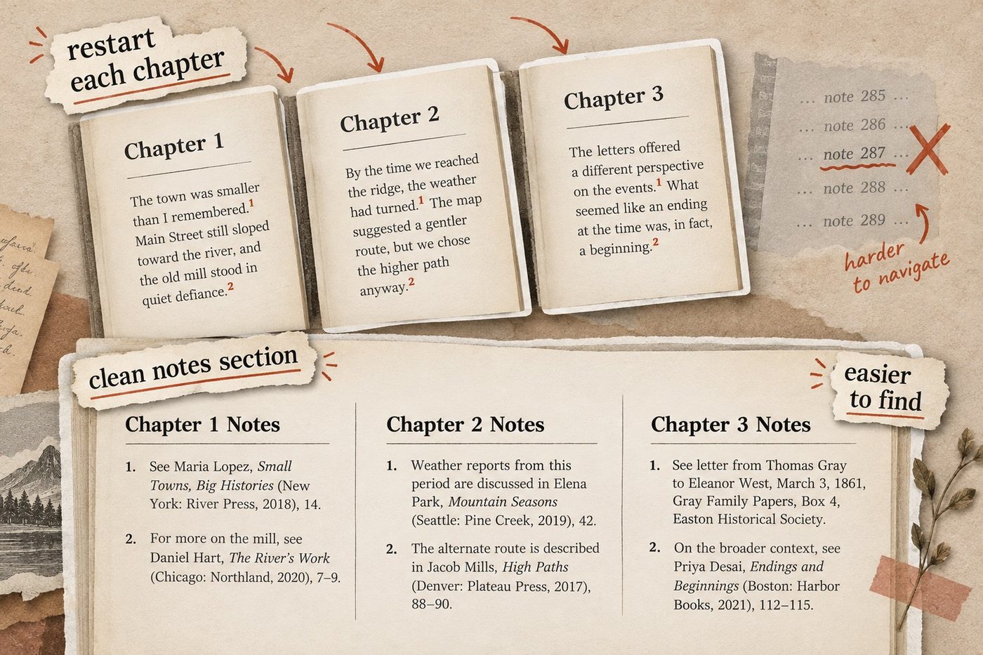 Illustration of three chapter pages whose note numbers restart at 1, a continuous list from note 285 to note 289 marked with an X and labeled harder to navigate, and a clean notes section split into Chapter 1, 2 and 3 Notes