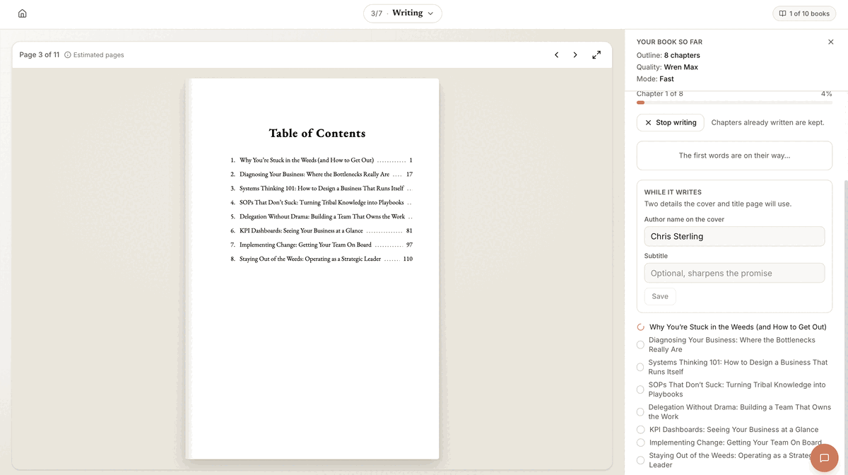 Built&Written's writing screen showing a table of contents page generated while chapters are being written