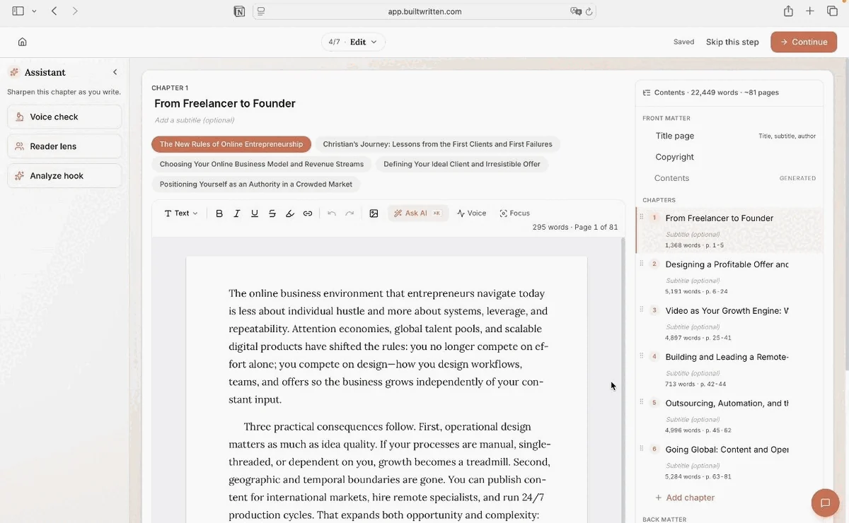 A drafted chapter in the Built&amp;Written editor with the voice check panel open in the sidebar