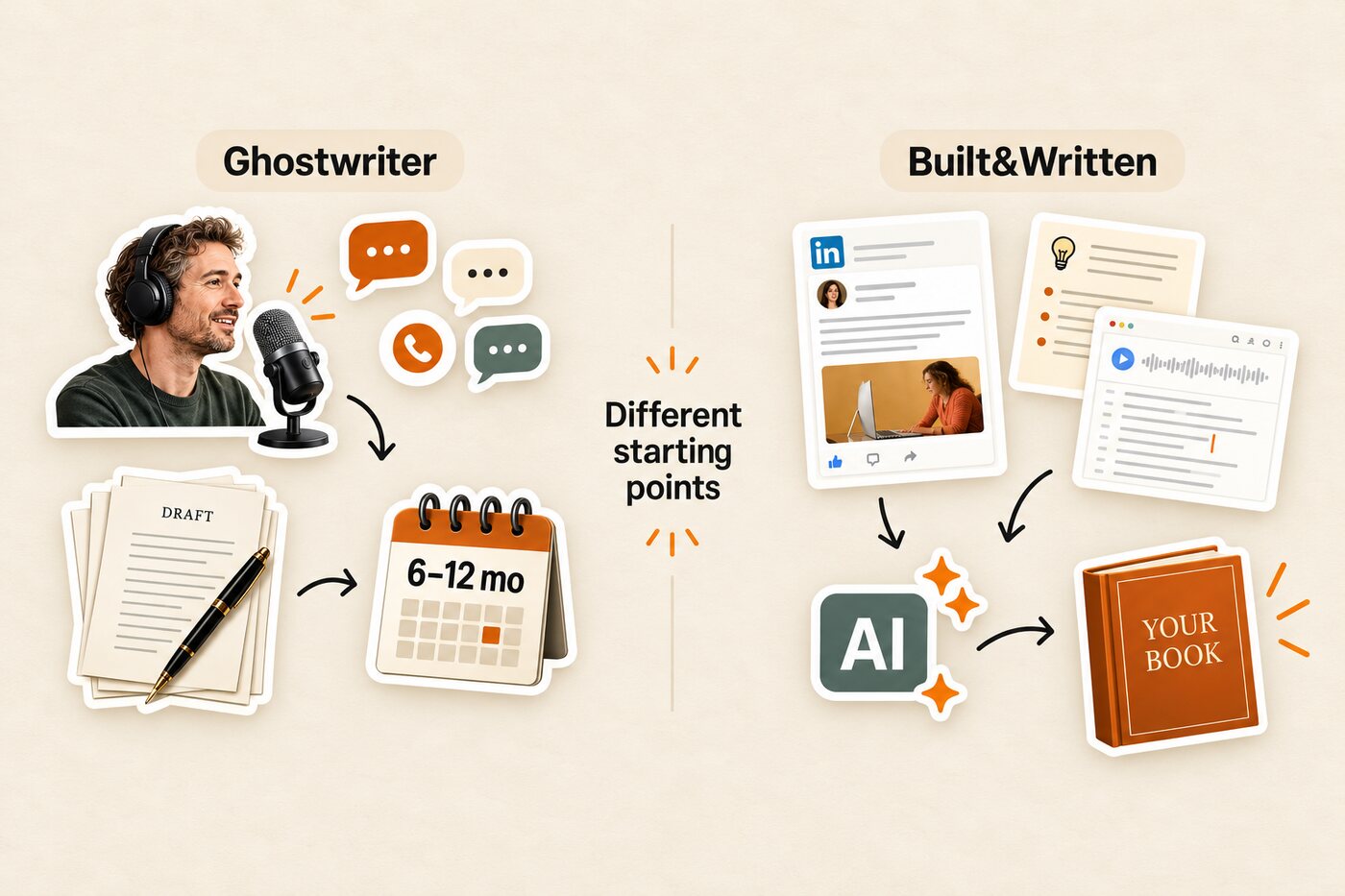 Side-by-side comparison: a ghostwriter working from recorded interviews over 6 to 12 months versus Built&Written's AI working from posts and notes you already have, both ending in a finished book