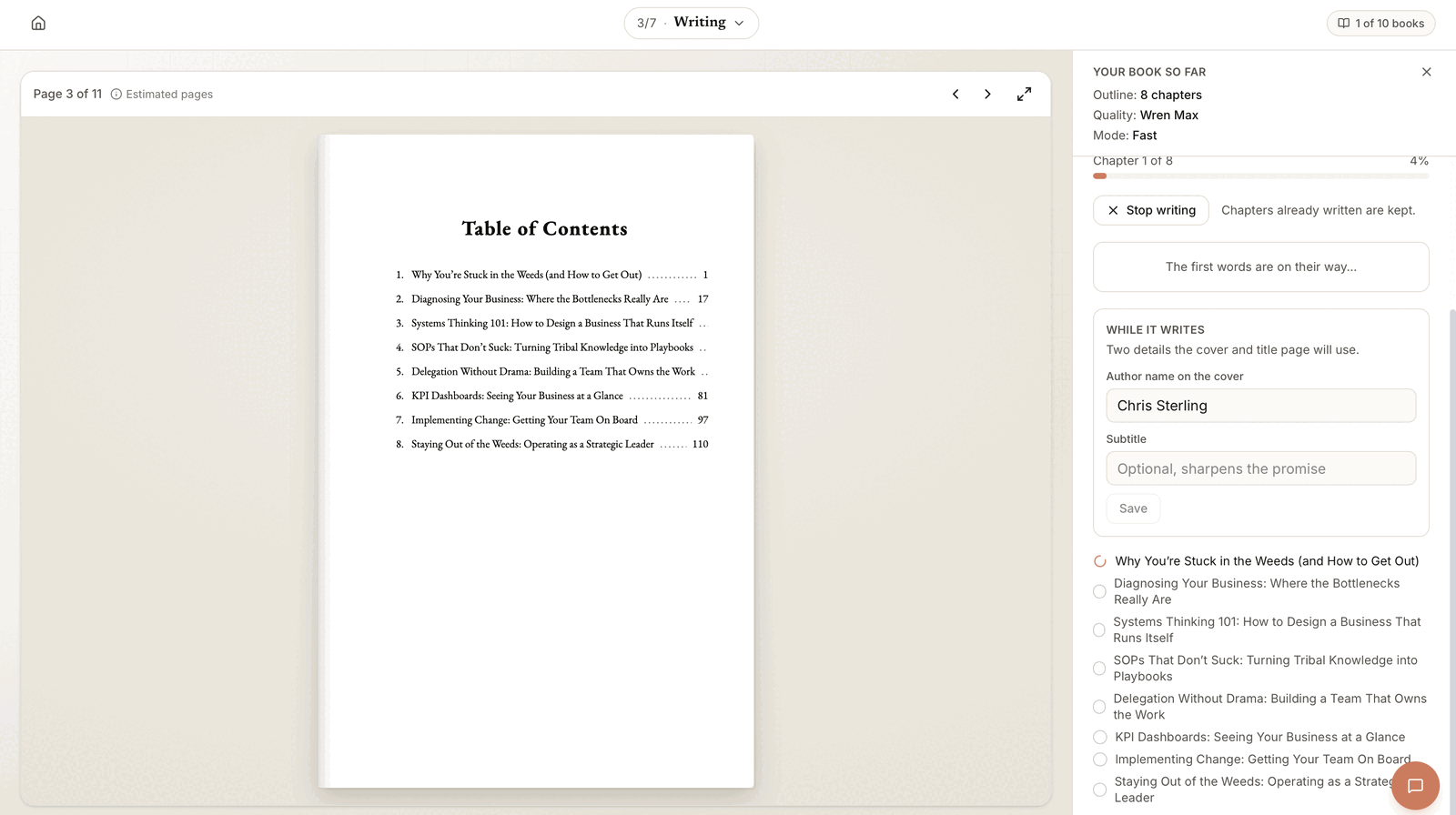 Built&Written writing step showing the book's table of contents while Wren drafts chapters, with progress listed in the right-hand panel