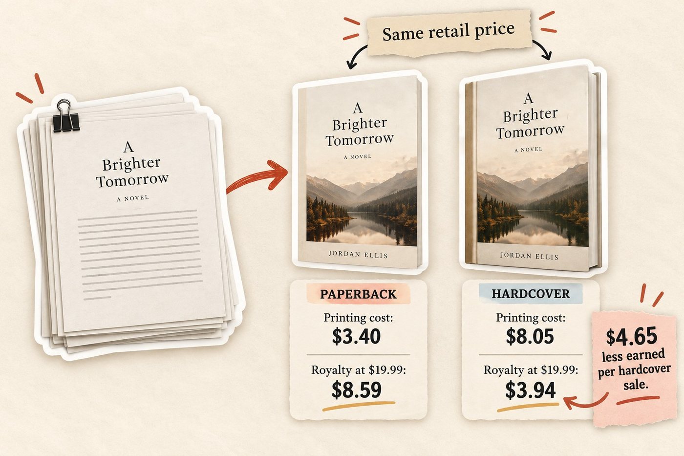 A manuscript of A Brighter Tomorrow becomes a paperback and a hardcover at the same retail price: printing cost $3.40 vs $8.05, royalty at $19.99 $8.59 vs $3.94, and a note reading $4.65 less earned per hardcover sale