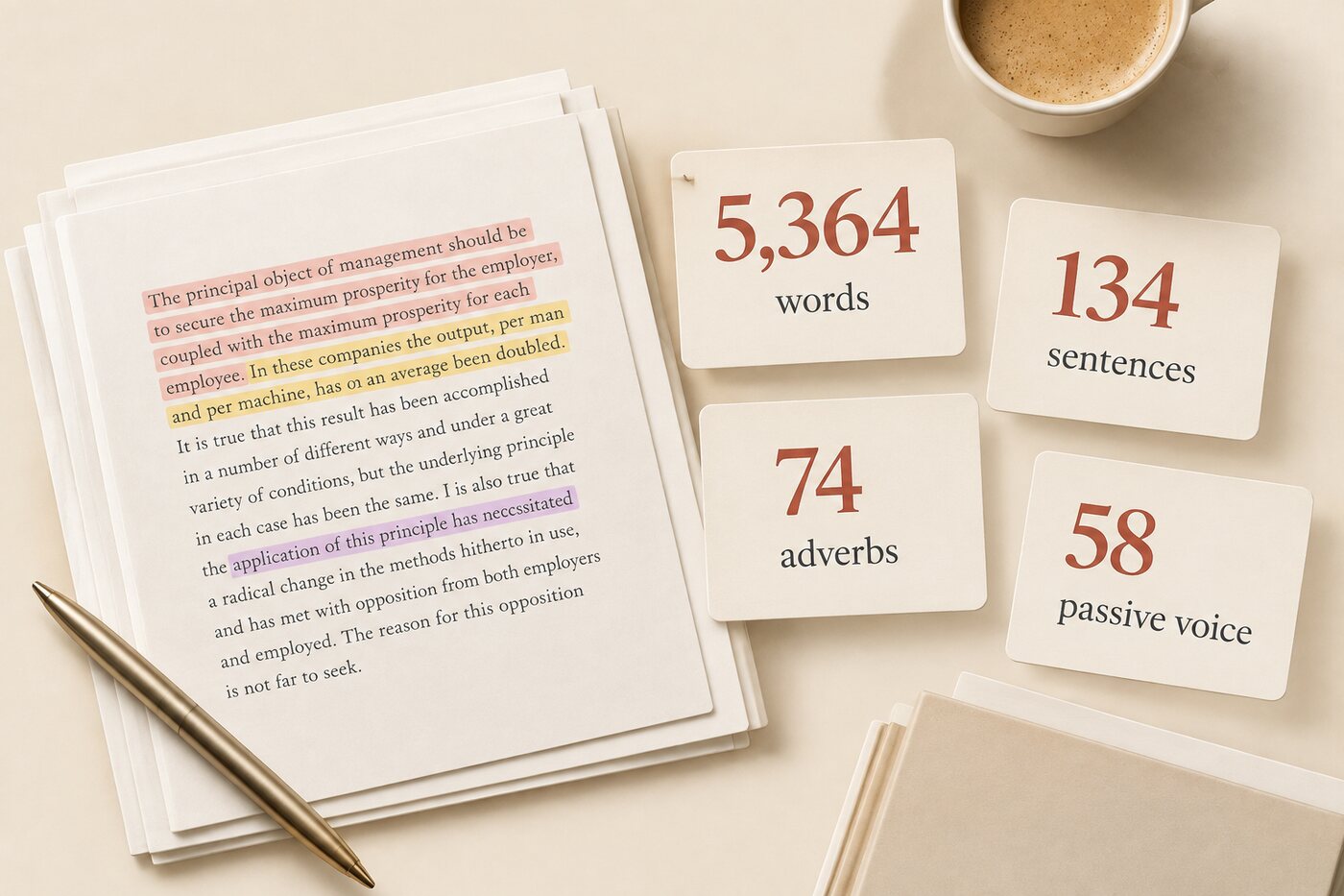 A highlighted page of the test chapter next to four result cards: 5,364 words, 134 sentences, 74 adverbs, and 58 passive voice