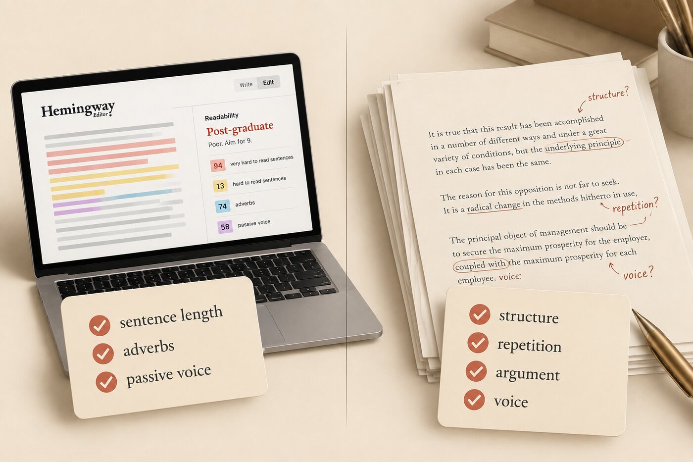 Left, Hemingway on a laptop checking sentence length, adverbs, and passive voice; right, a manuscript that also needs checks on structure, repetition, argument, and voice