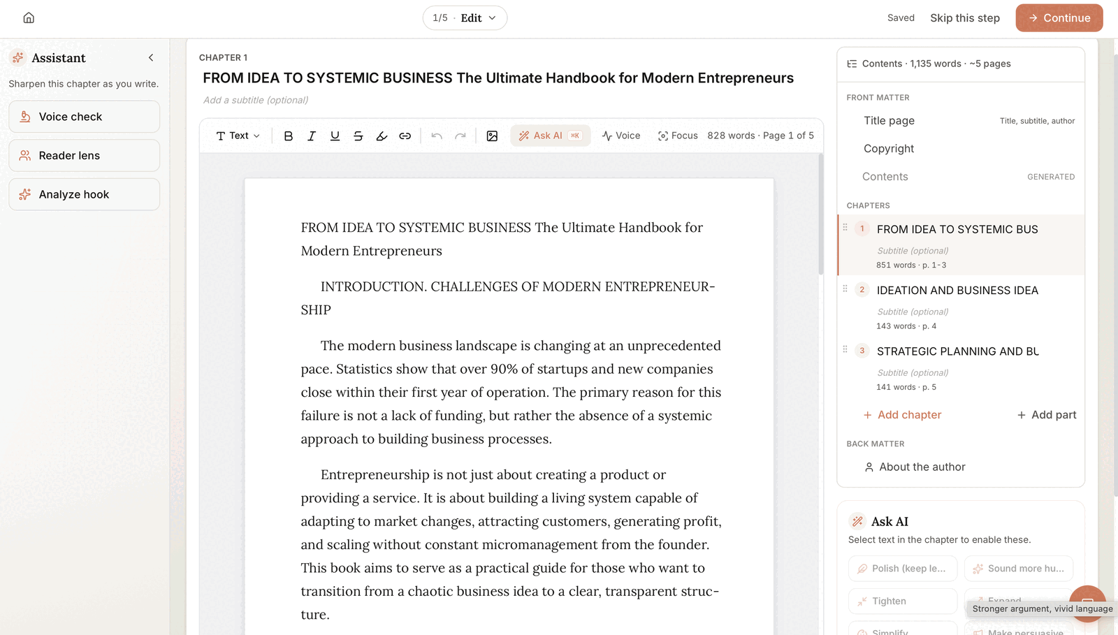 Built&Written chapter editor with a passage selected and the Ask AI panel on the right offering Polish, Tighten, and Simplify