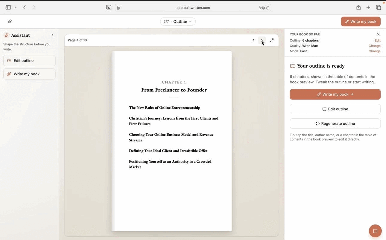Built&Written outline step showing the proposed chapters for From Freelancer to Founder with options to edit the outline before writing