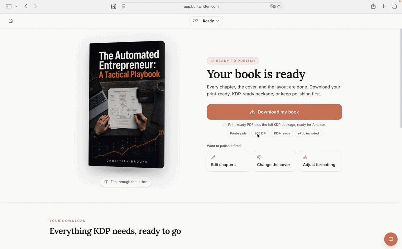 Built&Written Your book is ready screen with a finished book cover and a Download my book button for the print-ready PDF and KDP package