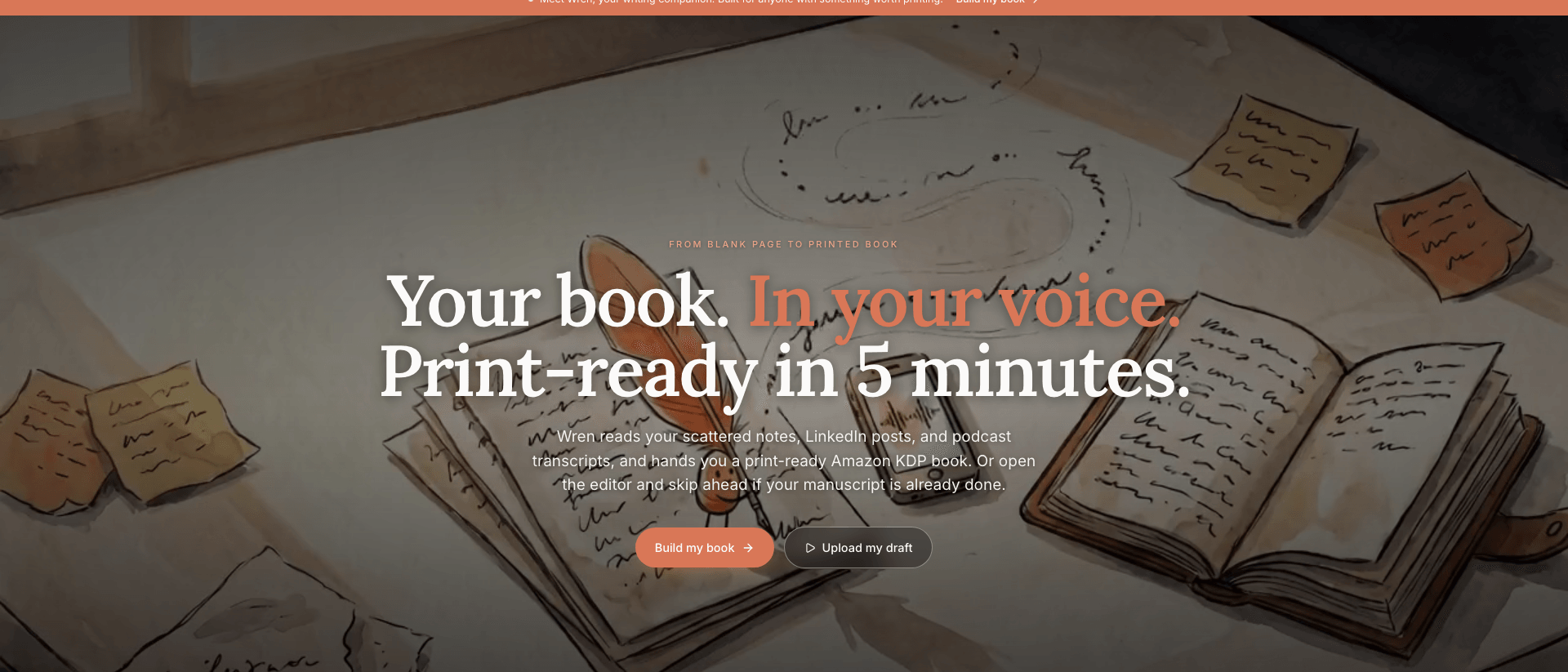 Built&Written homepage showing the AI book creation tool for entrepreneurs and coaches