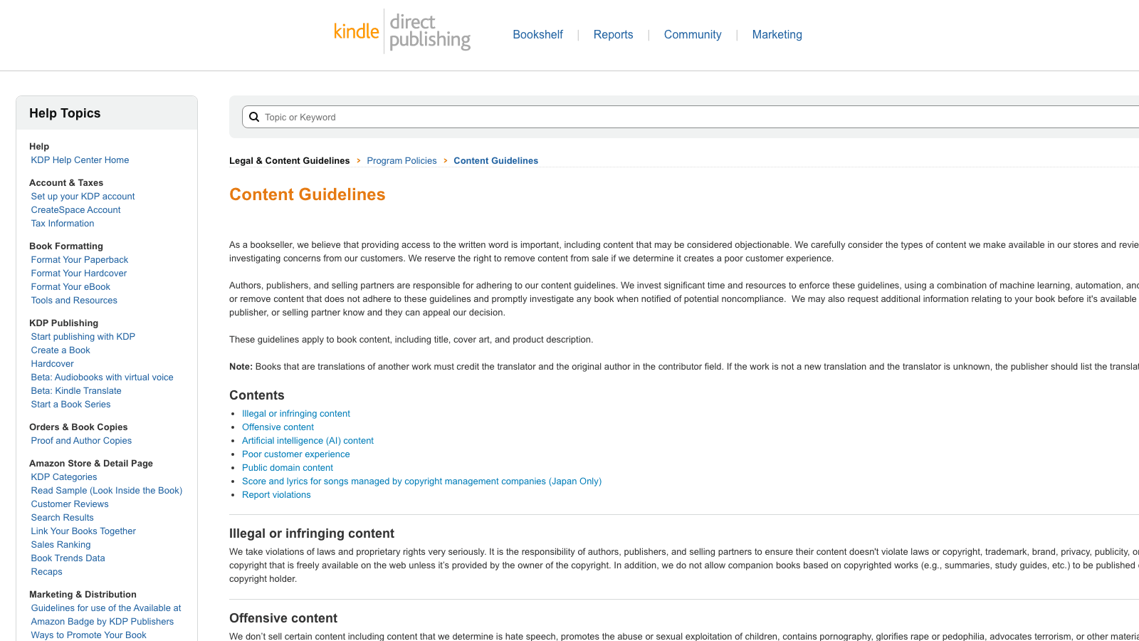 Amazon KDP Content Guidelines page explaining the AI content disclosure policy