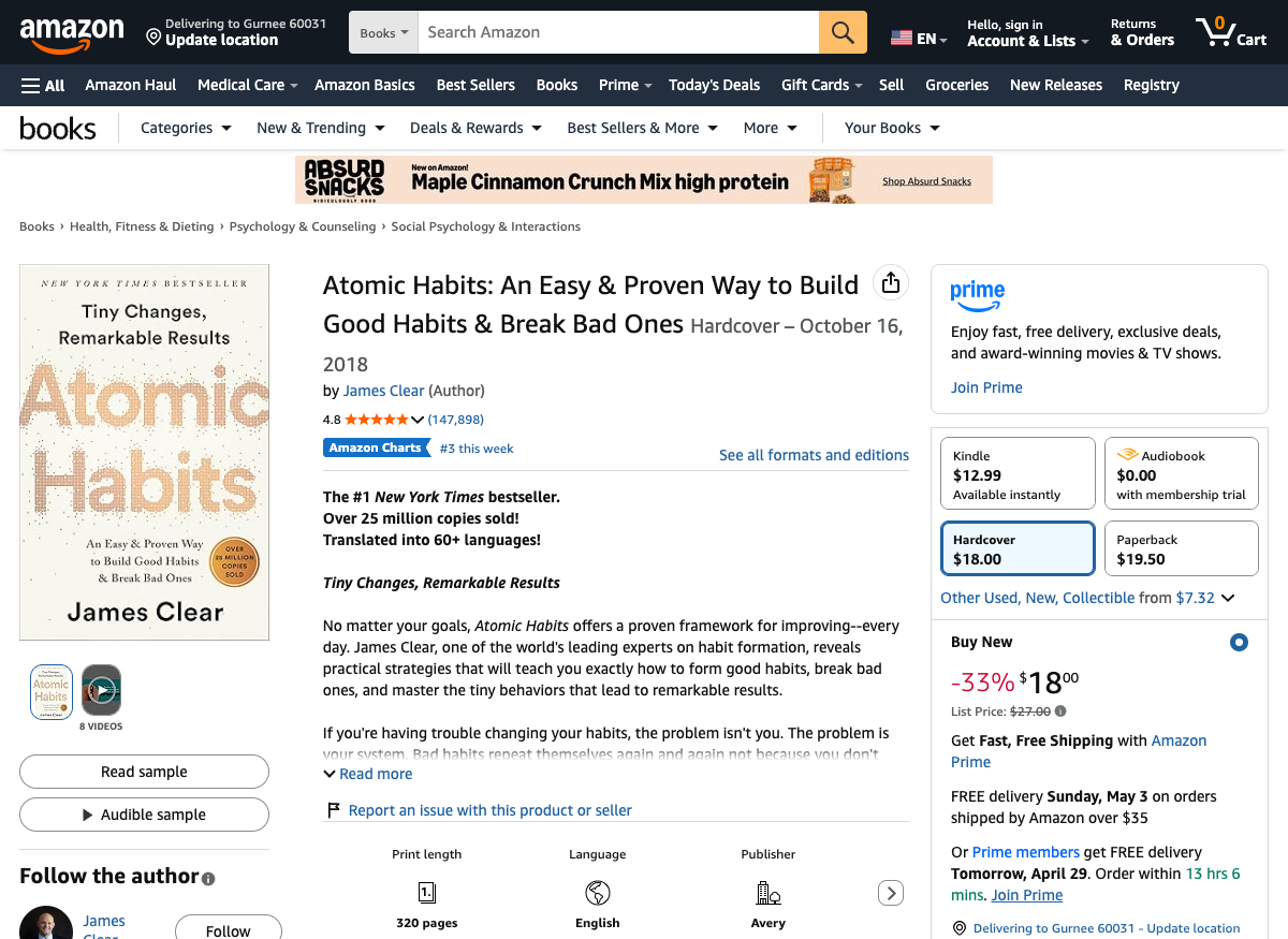 Atomic Habits by James Clear on Amazon: 320 pages, over 25 million copies sold