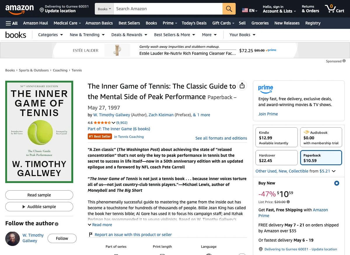 The Inner Game of Tennis by Tim Gallwey on Amazon: 224 pages, foundational coaching text