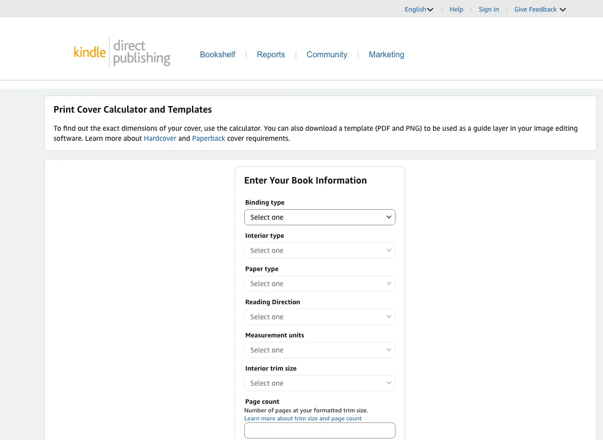 Amazon KDP Print Cover Calculator: enter book information for spine width