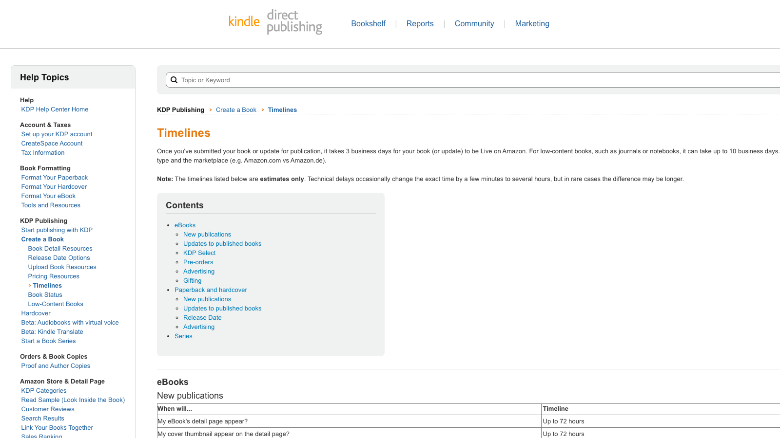 Amazon KDP help center page showing publication timelines