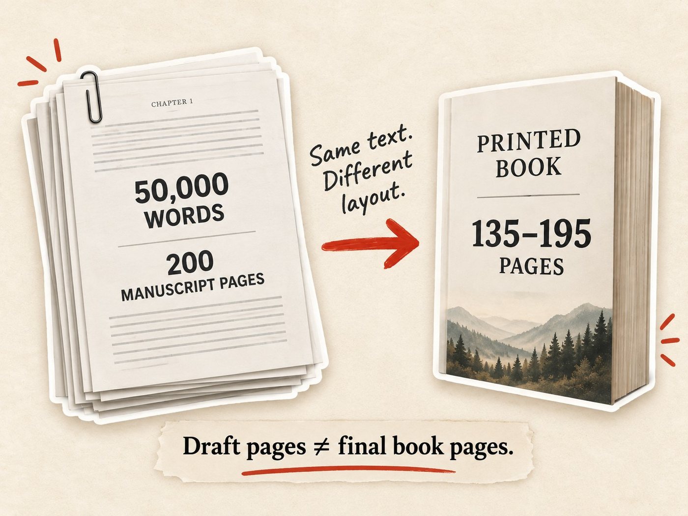 A stack of manuscript pages reading 50,000 words, 200 manuscript pages, with an arrow labeled same text, different layout pointing to a printed book of 135 to 195 pages, over the note draft pages do not equal final book pages