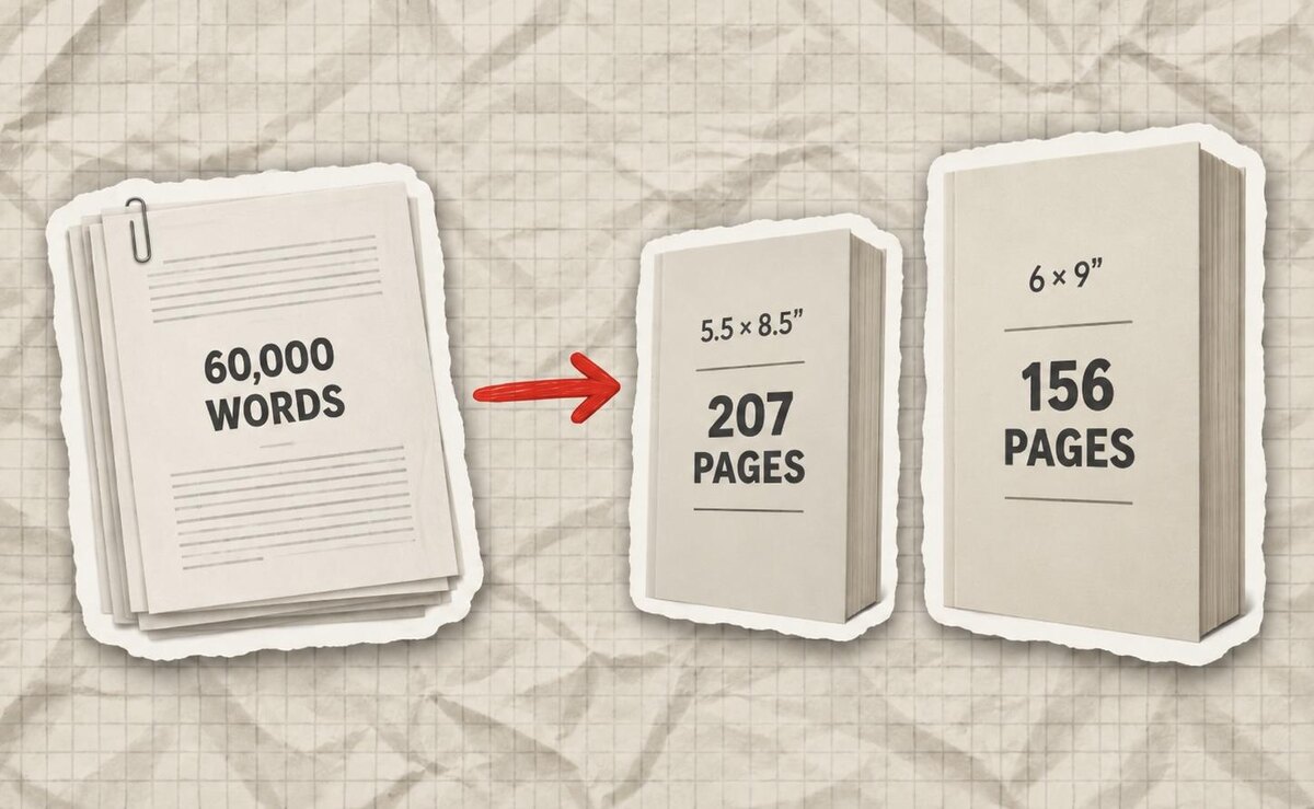 The same 60,000-word manuscript shown as a 207-page book at 5.5 by 8.5 inches and a 156-page book at 6 by 9 inches