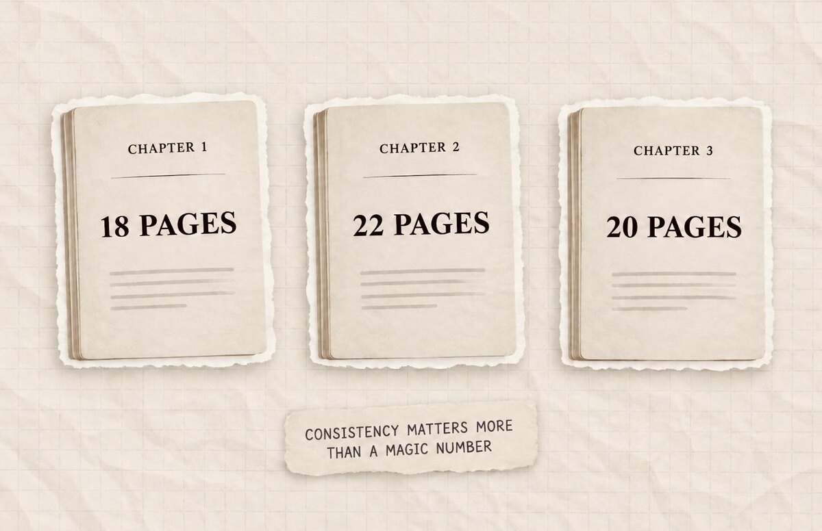 Three chapters shown at 18, 22, and 20 pages with the note that consistency matters more than a magic number