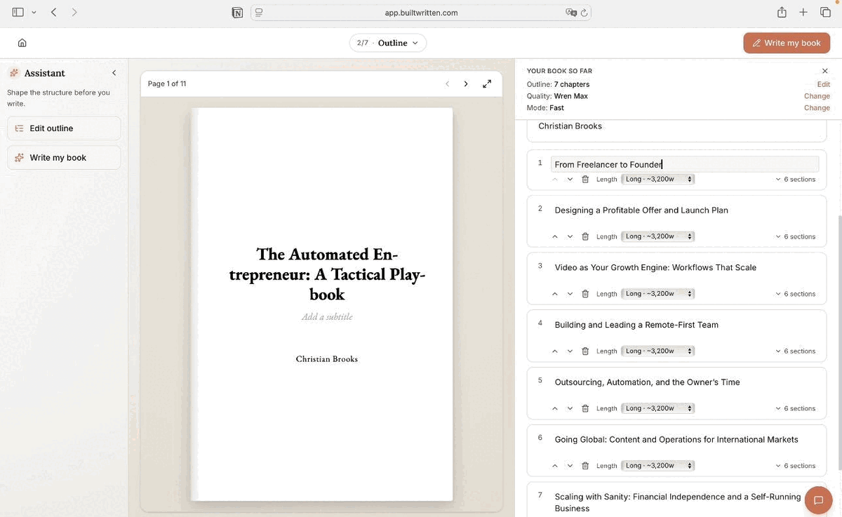 Built&Written's outline stage showing each chapter with its own length setting and reorder controls