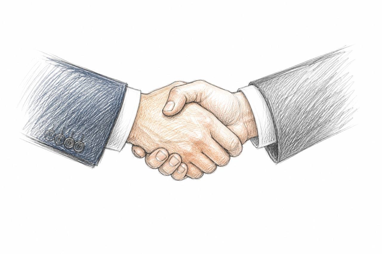 Pencil illustration of two people in business suits shaking hands, representing a closed client deal