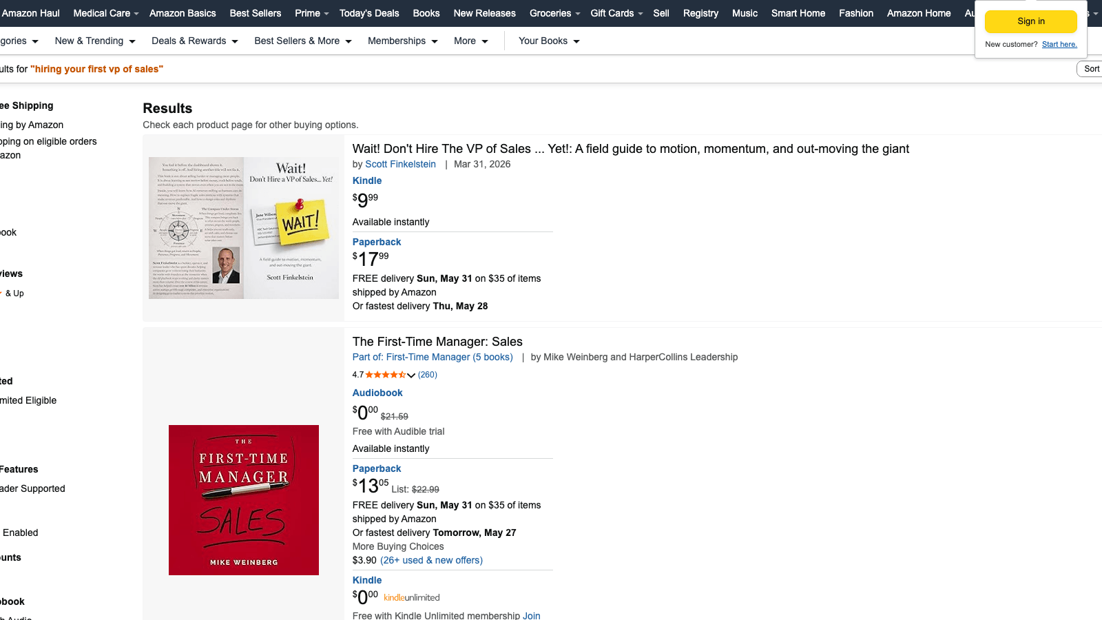 Amazon search results page showing how narrow book topics compete against fewer titles and rank higher