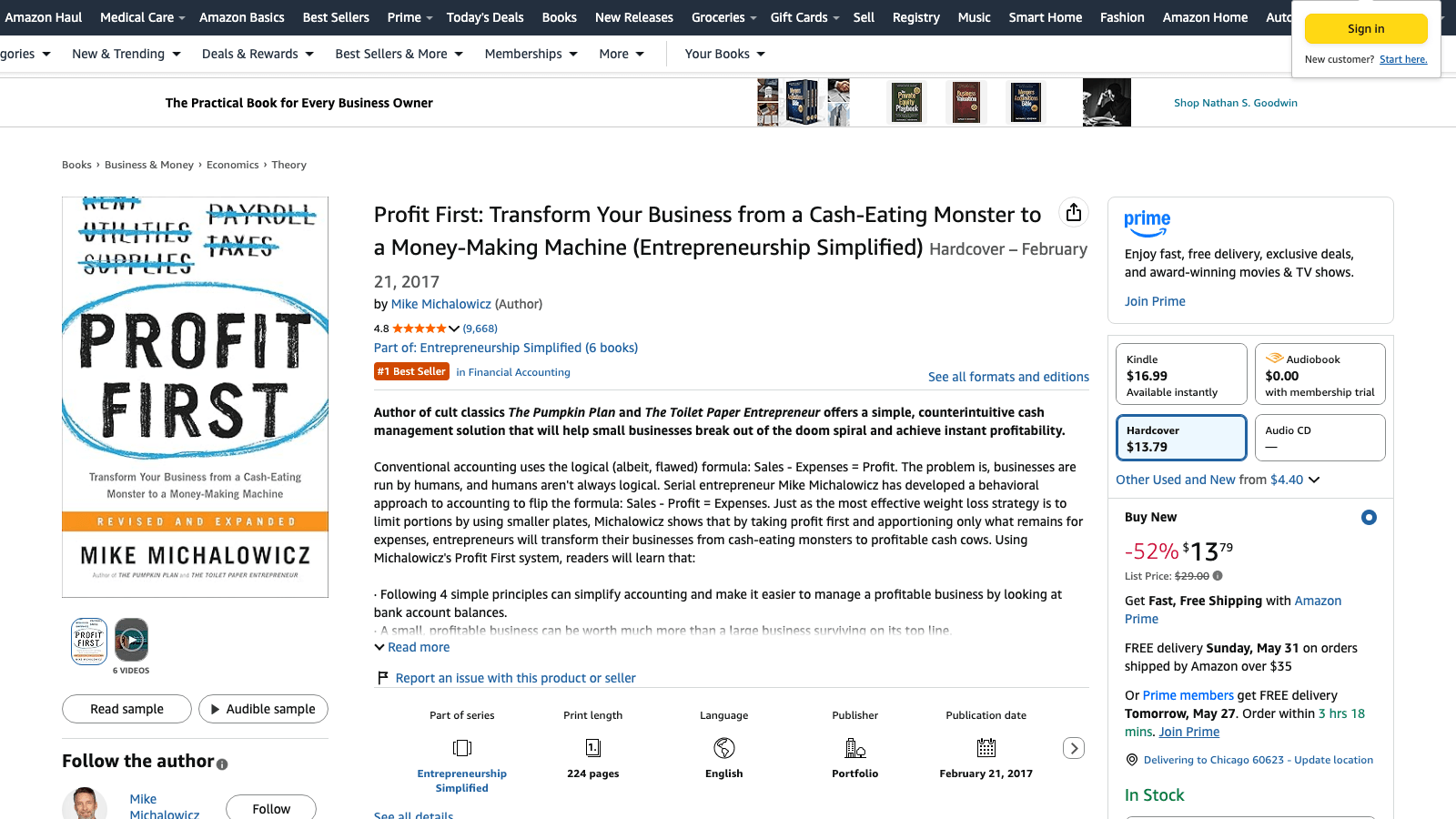 Profit First by Mike Michalowicz on Amazon showing how a narrow cash-allocation method became a category-defining business book