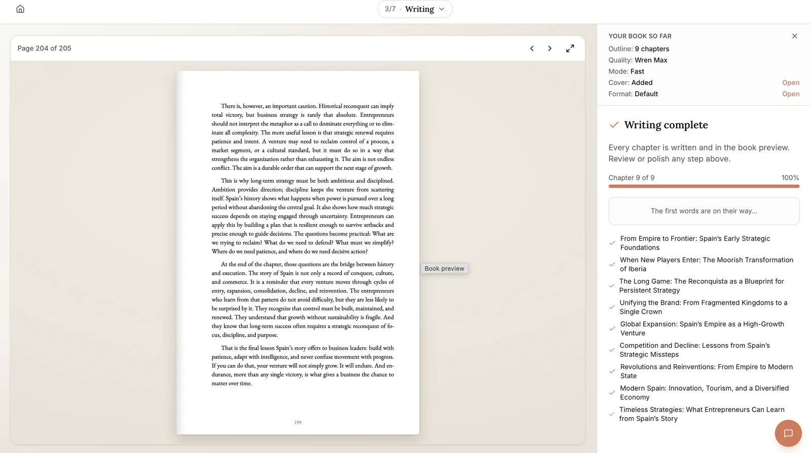 A completed chapter list and formatted book preview inside Built&Written before export.