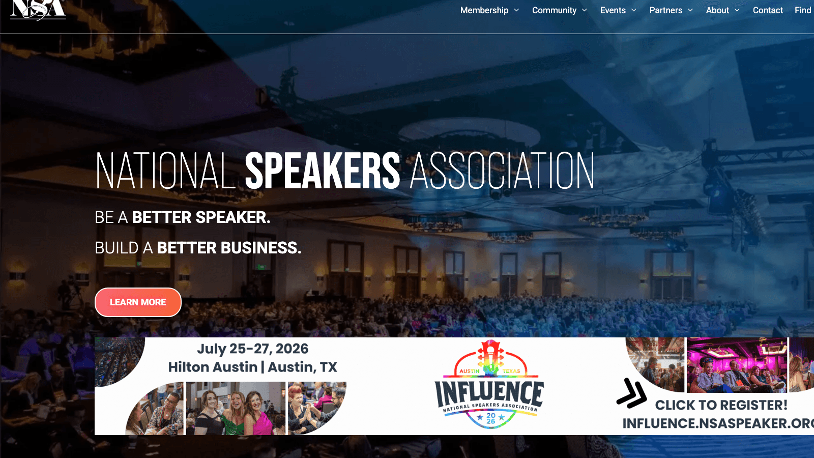 National Speakers Association homepage at nsaspeaker.org, the professional association for paid keynote speakers