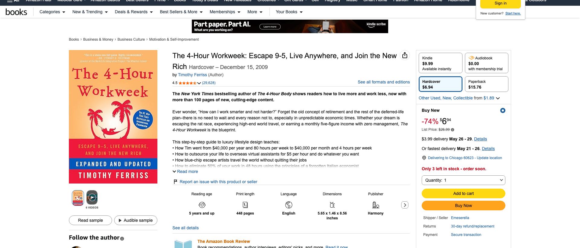 Amazon listing for The 4-Hour Workweek by Tim Ferriss
