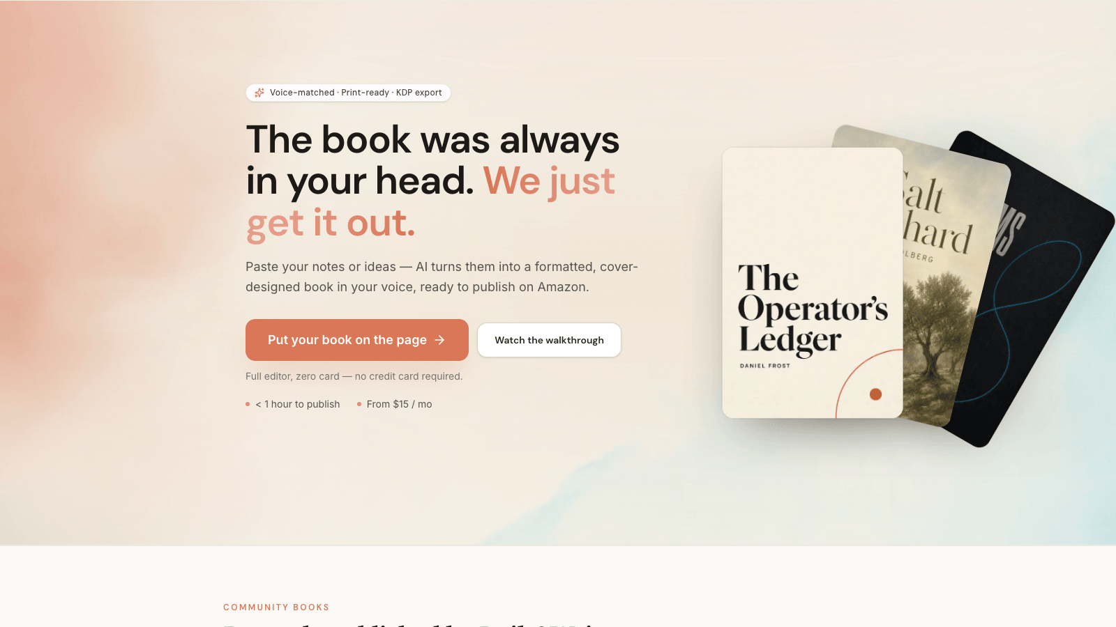 Built&Written editor homepage showing the integrated book assembly tool