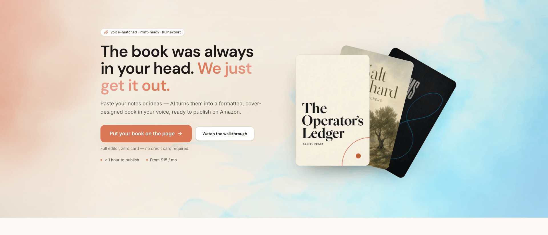 Built&Written homepage with the headline 'The book was always in your head. We just get it out.' showing three sample executive books on a coastal background.