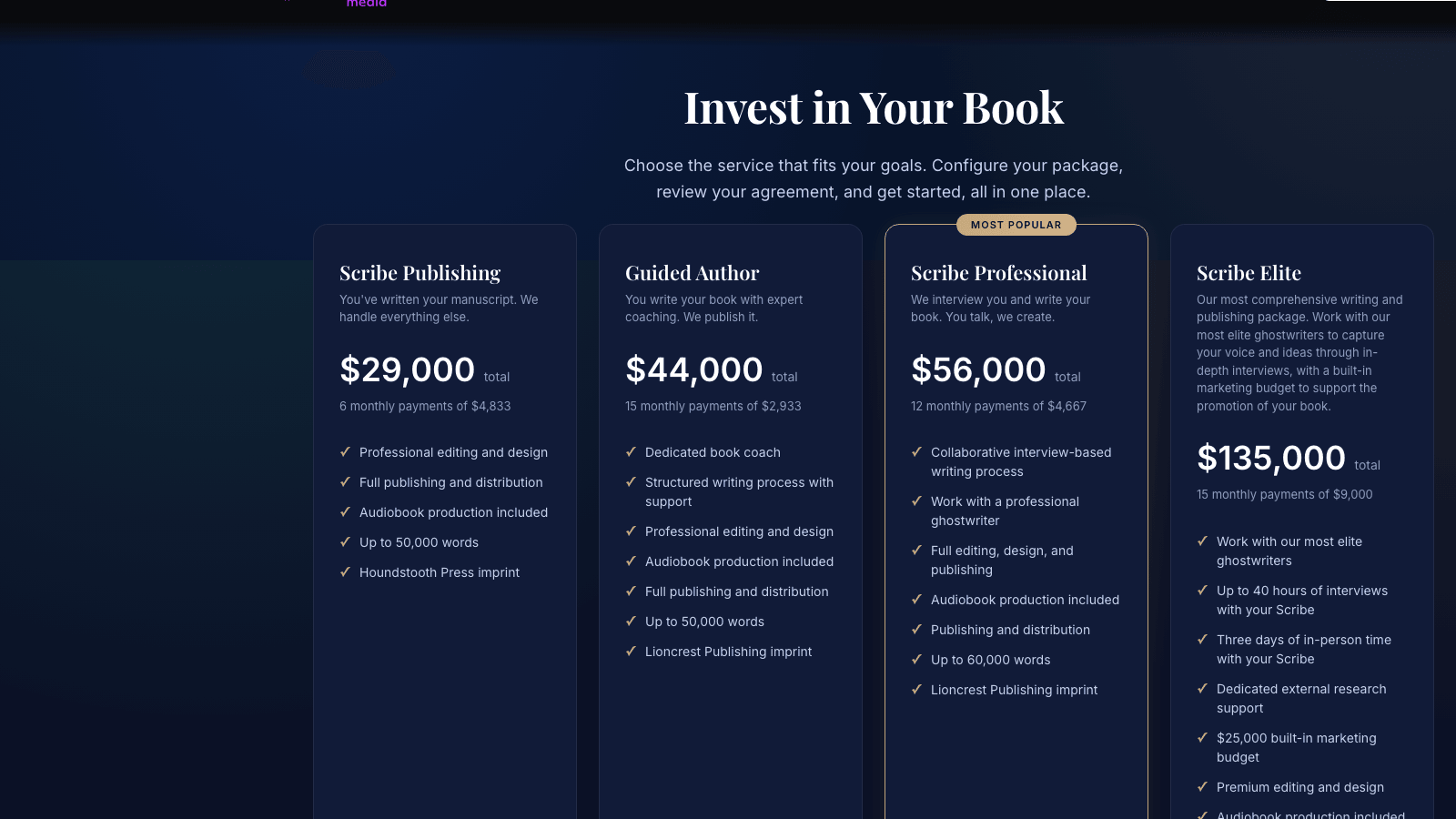ScribeMedia pricing page showing four ghostwriting and publishing tiers ranging from $29,000 to $135,000 per book.