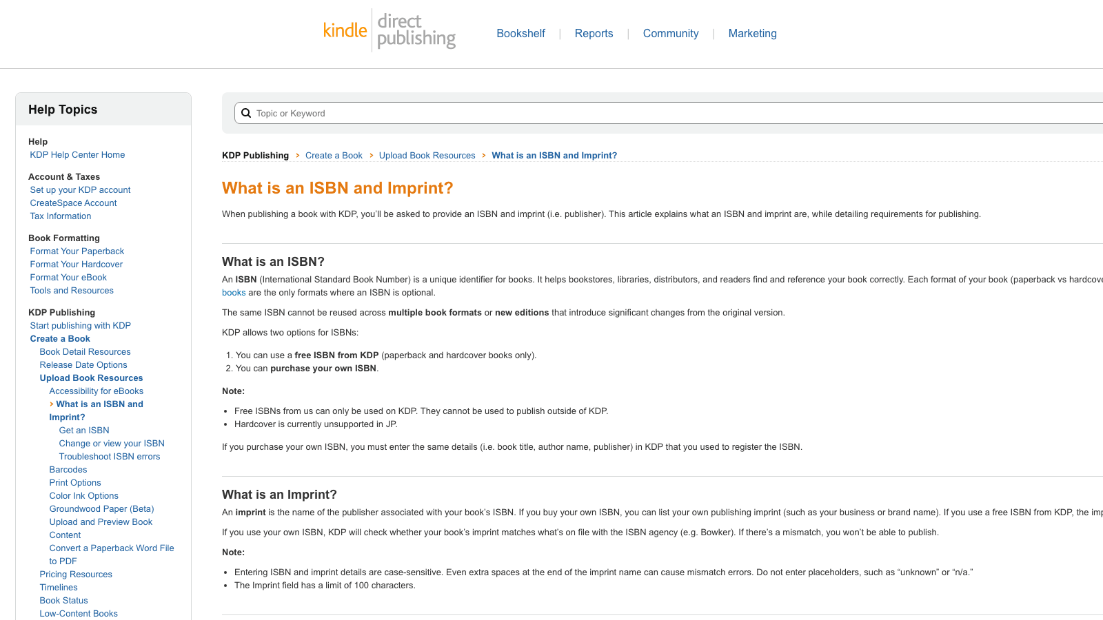 KDP Help Center page titled 'What is an ISBN and Imprint?' showing the documentation for ISBN and imprint requirements.