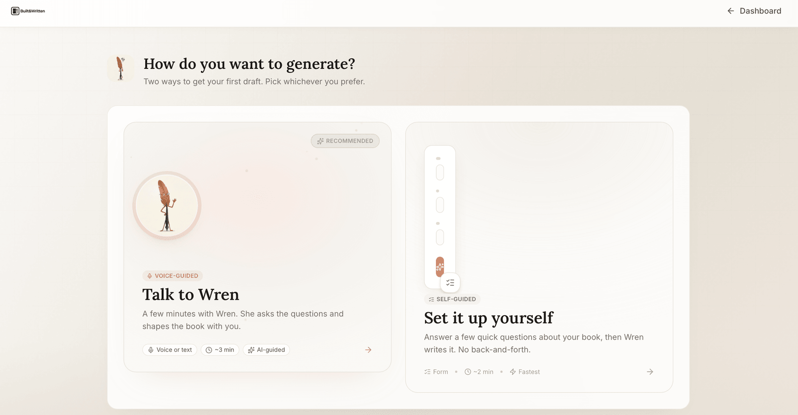 Built&Written workflow choice screen offering voice-guided Talk to Wren or self-guided setup