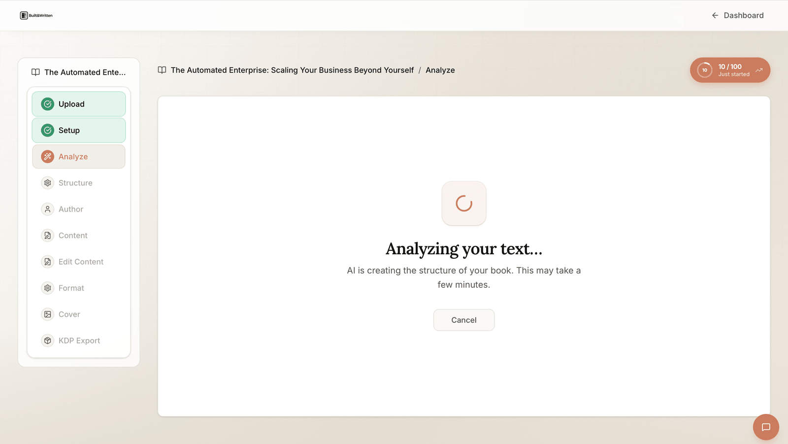 Analyze step in Built&Written reading uploaded text to create the book structure
