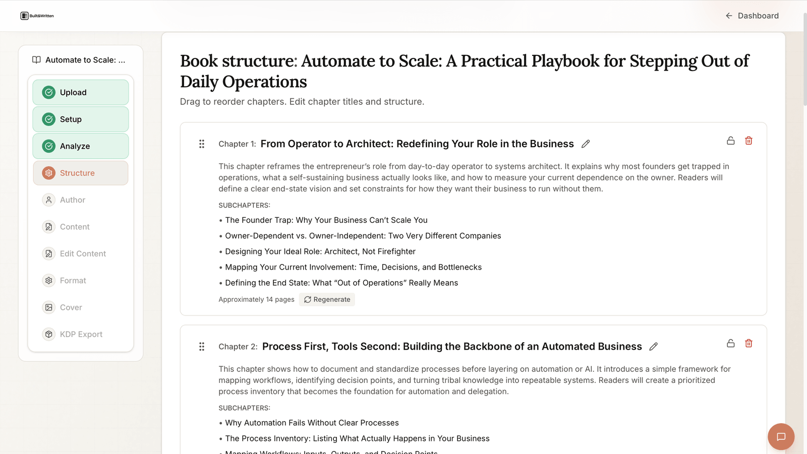 Book structure editor showing draggable chapters with subchapters and a regenerate option