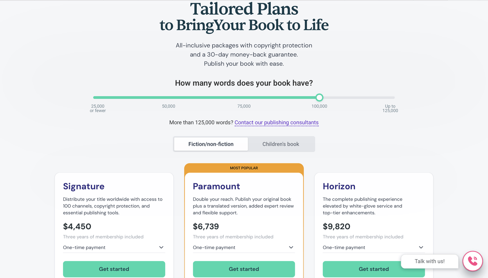 Spines pricing page, Tailored Plans to Bring Your Book to Life, with a word-count slider and three one-time packages: Signature $4,450, Paramount $6,739 (most popular), and Horizon $9,820, each with three years of membership