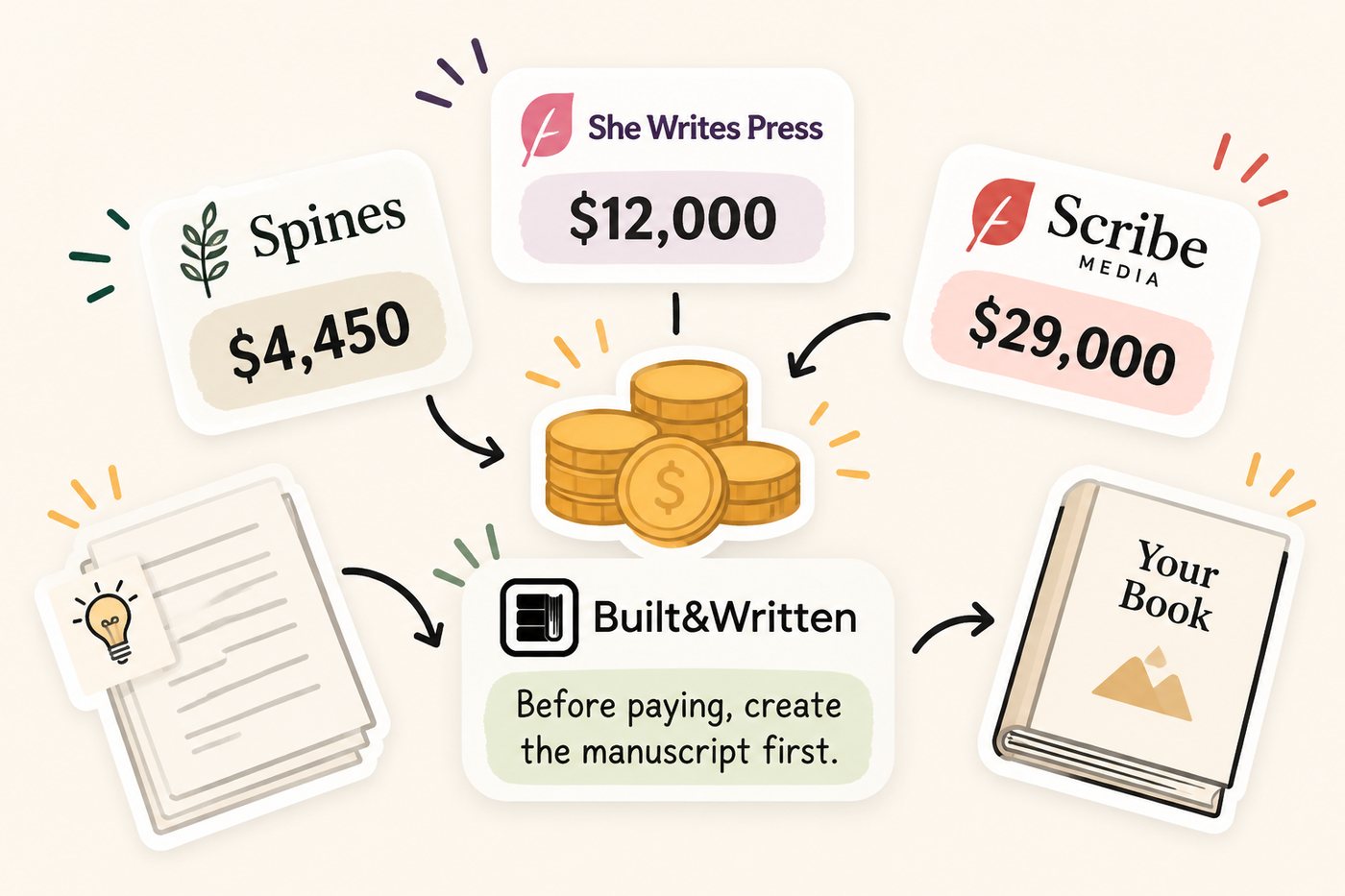 Illustration of Spines at $4,450, She Writes Press at $12,000, and Scribe Media at $29,000 pointing to a pile of coins, while a stack of notes goes to Built&Written, captioned Before paying, create the manuscript first, and on to a finished book
